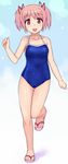  arm_at_side breasts clenched_hands collarbone girly_pose hidebou kaname_madoka mahou_shoujo_madoka_magica navel one-piece_swimsuit open_mouth pink_hair red_eyes ribbon running sandals small_breasts smile solo standing standing_on_one_leg swimsuit toes twintails 