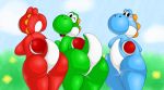  2019 ambiguous_gender anthro big_butt blue_skin blue_yoshi blush butt butt_focus green_skin green_yoshi group hi_res looking_back mario_bros nintendo nude one_eye_closed presenting presenting_hindquarters rear_view red_skin red_yoshi shell simple_background video_games waffurukitsune wink yoshi 