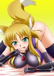  all_fours animal_ears ass blonde_hair breasts collar dog_days fox_ears fox_tail green_eyes large_breasts no_panties ponytail solo tail thighhighs tongue yukikaze_panettone zerosu_(take_out) 