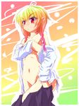  :&lt; bare_shoulders blonde_hair blush_stickers braid breasts covering covering_breasts erica_dracul_dreipneels lotte_no_omocha! navel no_bra no_panties pointy_ears red_eyes shirt skirt solo twin_braids undressing white_shirt 