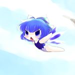  blue_eyes blue_hair bow chibi cirno falling fang hair_bow highres one-piece_swimsuit outstretched_arms solo speed_lines spread_arms swimsuit touhou wings yume_shokunin 