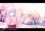  absurdres blush cherry_blossoms closed_eyes coffee-kizoku eyes_closed floral_print highres japanese_clothes kimono light_smile long_hair nature original purple_hair scenery solo tree 