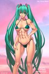  abs absurdres bikini breasts green_eyes green_hair hand_on_hip hatsune_miku highres large_breasts long_hair muscle slender_waist solo speh swimsuit tattoo thighs twintails underboob very_long_hair vocaloid 