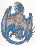  2011 anthro blue blue_scales calolily cool_colors male monster_hunter plain_background rathalos red_eyes scalie solo spiked_tail tail_spike video_games white white_background wings wyvern 