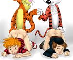  anal anal_penetration anthro ass_up bottomless butt butt_grab calvin calvin_and_hobbes christopher_robin clothed clothing crazyoe doggystyle feline fist_bump fistbump from_behind gay half-dressed hat hobbes human interspecies male mammal open_mouth partner_swap penetration plain_background sex sweat tiger tigger tongue unknown_artist white_background winnie_the_pooh winnie_the_pooh_(franchise) young 