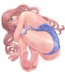  ass barefoot blue_eyes breasts brown_hair feet fetal_position full_body long_hair looking_at_viewer medium_breasts original plantar_flexion saitani_umetarou sideboob simple_background soles solo swimsuit swimsuit_pull thighs toes 
