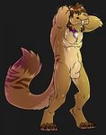  agentdiego007 anthro artyom biceps big_tail cat claws collar cute digitigrade fangs feline fluffy_tail fur hair hindpaw hybrid knot large long_tail male mammal muscles neodokuro neozcommish nude paws pecs penis pinup pose sabertooth sheath simple_background smilodon solo tail teeth tiger warm_colors 