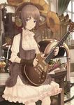  bow brown_hair dioptrie dress fingerless_gloves frills gathers gloves guitar headphones instrument jukebox lace lamp original purple_eyes quill short_hair solo 