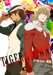  adjusting_clothes adjusting_hat barnaby_brooks_jr belt blonde_hair brown_eyes brown_hair buta_no_kakuni cabbie_hat facial_hair glasses green_eyes hat jacket jewelry kaburagi_t_kotetsu male_focus multiple_boys necklace necktie red_jacket stubble studded_belt tiger_&amp;_bunny vest watch wristwatch 