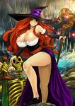  bare_shoulders breasts cleavage detached_sleeves dragon's_crown dress hat highres huge_breasts legs long_legs magic orange_hair panties red_eyes side_slit skeleton solo sorceress_(dragon's_crown) staff strapless strapless_dress sword thick_thighs thighs underwear weapon white_panties witch_hat yamasan_(hachiman) 