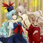  blue_dress blue_hair bow dress eye_contact fujiwara_no_mokou hair_bow hat hug kamishirasawa_keine long_hair long_sleeves looking_at_another multiple_girls pants red_eyes short_sleeves smile suspenders touhou white_hair yamazaki_mitsuko 