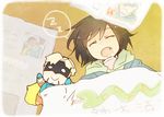  bad_id bad_pixiv_id blanket brown_hair character_doll child fang hood hoodie jacket kaburagi_t_kotetsu kayake legend_(tiger_&amp;_bunny) male_focus open_mouth sleeping solo speech_bubble tiger_&amp;_bunny younger 