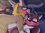  &lt;3 2017 anthro anthro_on_anthro blush brown_fur duo eye_contact fur grin inside looking_at_partner lying male mammal on_back on_top pictographics procyonid raccoon red_fur sepi32014 signature smile speech_bubble sweat sweatdrop tongue 