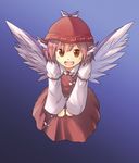  :d absurdres animal_ears brown_eyes brown_hair fang from_above hamakenn hat highres looking_at_viewer looking_up mystia_lorelei open_mouth pink_hair short_hair simple_background smile solo touhou wings 