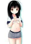  :o ahoge black_hair blush boxers breasts brown_eyes cowboy_shot interlocked_fingers long_hair navel open_mouth original piyodera_mucha shirt_lift simple_background small_breasts solo standing underboob underwear white_background 