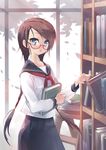  bangs blue_eyes blush book braid brown_hair glasses karpin leaf library long_hair looking_at_viewer open_mouth original school_uniform serafuku shelf solo swept_bangs tree twin_braids very_long_hair window 