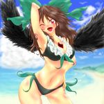  arm_up armpits bellk bikini black_wings blue_sky brown_hair cloud day green_bikini hand_behind_head hand_on_hip highres navel ocean one_eye_closed open_mouth pose red_eyes reiuji_utsuho side-tie_bikini sky smile solo swimsuit third_eye touhou water wings 