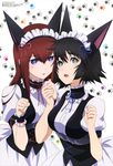  absurdres animal_ears blue_eyes brown_hair green_eyes headdress highres holding_hands long_hair maid_headdress makise_kurisu megami multiple_girls non-web_source official_art paw_pose sakai_kyuuta shiina_mayuri short_hair steins;gate tongue waitress wrist_cuffs 