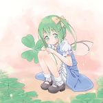  ascot bad_id bad_pixiv_id bloomers bobby_socks bow chika_(orange_pop) clover daiyousei dress four-leaf_clover green_eyes green_hair hair_bow highres mary_janes no_nose shoes side_ponytail sitting smile socks solo touhou underwear white_legwear wings 