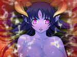  1girl black_hair blush breasts cum demon demon_girl elf elf_ears gem horns huge_breasts jewel monster_girl night_elf nipple nipples pointy_ears purple_eyes shiny_eyes solo succubus yoko_juusuke 