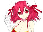  asamura_hiori bad_id bad_pixiv_id bandages bare_shoulders breasts bun_cover choker cleavage double_bun flower ibaraki_kasen large_breasts red_eyes red_hair short_hair solo tongue tongue_out touhou upper_body 