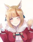  1girl animal_ears blonde_hair closed_mouth fang fingerless_gloves fire_emblem fire_emblem_if fox_ears fur_trim gloves japanese_clothes kinu_(fire_emblem_if) leonmandala multicolored_hair nintendo one_eye_closed short_hair simple_background smile solo streaked_hair upper_body white_background white_gloves yellow_eyes 