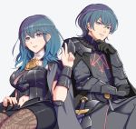  1boy 1girl armor black_armor black_gloves black_shorts blue_eyes blue_hair byleth dual_persona fire_emblem fire_emblem:_fuukasetsugetsu gloves gonzarez highres index_finger_raised knife long_hair navel navel_cutout nintendo parted_lips sheath sheathed short_hair shorts simple_background white_background 