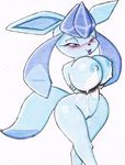  big_breasts blue_nipples blush breasts eeveelution female glaceon half-closed_eyes lactating nintendo nipples nude plain_background pok&#233;mon pok&#233;morph pokemon purple_eyes pussy roy_mccloud solo source_request traditional_media video_games white_background wide_hips 