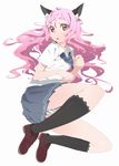  absurdres animal_ears bad_id bad_pixiv_id black_legwear cat_ears full_body highres karei kneehighs loafers original panties pink_hair pleated_skirt red_eyes school_uniform shoes simple_background skirt solo striped striped_panties underwear wavy_hair 