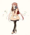  1girl asagumo_(kantai_collection) bag bangs black_legwear blush boots bow brown_hair buttons full_body fur_trim gift gift_bag hair_bow handbag heart holding holding_gift jacket kantai_collection long_hair long_sleeves open_mouth scarf shakemi_(sake_mgmgmg) silver_eyes simple_background smile solo twintails valentine yellow_background 