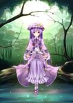  absurdres book bow brooch cloudy.r crescent dress forest hair_bow hair_ribbon hat highres jewelry long_hair nature patchouli_knowledge purple_eyes purple_hair ribbon sitting solo touhou water 