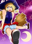  :o bad_id bad_pixiv_id bare_shoulders blonde_hair blue_eyes braid broom broom_riding clothes_around_waist contemporary crescent_moon hair_ribbon halter_top halterneck hat kirisame_marisa mary_janes mattari_yufi moon open_mouth plaid ribbon shirt_around_waist shoes shorts solo star touhou unmoving_pattern witch_hat 