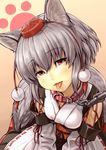  :p animal_ears bad_id bad_pixiv_id breasts chain collar detached_sleeves face fangs grey_hair hat head_tilt highres inubashiri_momiji leash looking_at_viewer medium_breasts obi red_eyes sash shiba_itsuki short_hair silver_hair simple_background solo tail tassel tokin_hat tongue tongue_out touhou v_arms wolf_ears wolf_tail 