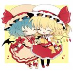  :d ^_^ ascot bad_id bad_pixiv_id bat_wings blonde_hair blue_hair bow cheek-to-cheek chibi closed_eyes embellished_costume flandre_scarlet frills happy haru_(kyou) hat heart multiple_girls open_mouth remilia_scarlet shirt siblings side_ponytail sisters skirt skirt_set smile touhou wings wrist_cuffs 