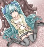  1girl aqua_eyes aqua_hair boots cherry_blossoms female from_above hatsune_miku long_hair looking_up open_mouth ribbon sitting skirt solo t_shatsu thighhighs twintails very_long_hair vocaloid 