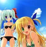  :d absurdres ahoge arms_behind_back bare_shoulders bikini blonde_hair blue_eyes blush cloud day einhart_stratos endori front-tie_top green_eyes green_hair hair_ribbon heterochromia highres long_hair lyrical_nanoha mahou_shoujo_lyrical_nanoha_vivid multiple_girls open_mouth purple_eyes red_eyes ribbon short_twintails side-tie_bikini sky smile sun swimsuit twintails vivio 