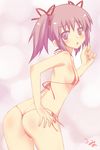  :o armpits ass back bangs bikini blush body_blush breasts butt_crack clenched_hand covered_nipples cowboy_shot embarrassed eyebrows_visible_through_hair from_side hair_ribbon hand_on_hip hand_up highres kaname_madoka leaning_forward lens_flare looking_at_viewer looking_back mahou_shoujo_madoka_magica micro_bikini nail_polish open_mouth pink_background pink_eyes pink_hair raised_eyebrows red_bikini red_nails red_ribbon ribbon short_twintails side-tie_bikini sidelocks signature simple_background small_breasts solo standing string_bikini surprised swimsuit thong_bikini twintails umyonge_(lkakeu) 