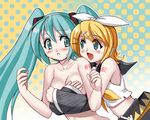  2girls aqua_eyes aqua_hair bare_shoulders blonde_hair blush breast_grab breasts clothes crossed_arms detached_sleeves embarrassed eye_contact female from_behind grabbing hair_ornament hair_ribbon hairclip happy hatsune_miku hug hug_from_behind kagamine_rin long_hair looking_at_another looking_back multiple_girls nude open_mouth ribbon short_hair shy smile sweat topless twintails very_long_hair vocaloid yuri 