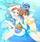  bikini bird brown_hair flower hat innertube jewelry jun_can long_hair mawaru_penguindrum multiple_girls navel necklace oginome_ringo orange_eyes partially_submerged pearl_necklace penguin penguin_1-gou penguin_2-gou penguin_3-gou petals pink_eyes purple_eyes short_hair snorkel sun_hat sunglasses swimsuit takakura_himari water yellow_eyes 