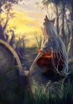  bad_id bad_pixiv_id bow chin_rest cigarette forest from_behind fujiwara_no_mokou grass grave hair_bow long_hair looking_away nature silver_hair sky sleeves_rolled_up solo squatting sunset tombstone touhou tree windyakuma 