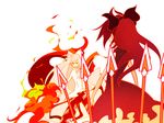  back battle crossover duel fire fujiwara_no_mokou mahou_shoujo_madoka_magica multiple_girls polearm pyrokinesis sakura_kyouko spacepirate-lu spear touhou weapon 