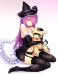  bad_id bad_pixiv_id black_legwear black_panties blazblue blazblue_phase_0 breasts character_doll elbow_gloves frilled_pillow frills garter_straps gloves hair_over_one_eye hat highres jubei_(blazblue) konoe_a_mercury lingerie long_hair medium_breasts navel panties pillow pink_hair solo thighhighs tsukikanade underwear witch_hat yellow_eyes 