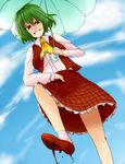  ascot blood dress_shirt evil_grin evil_smile from_below green_hair grin ifuji_sakura kazami_yuuka plaid plaid_skirt plaid_vest red_eyes shirt skirt skirt_set smile solo touhou umbrella vest 