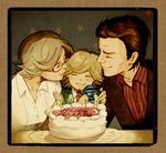  2boys ^_^ barnaby_brooks_jr barnaby_brooks_sr birthday birthday_cake blonde_hair brown_hair cake candle child closed_eyes emily_brooks family father_and_son food glasses male_focus mother_and_son multiple_boys sekiyamiya short_hair tiger_&amp;_bunny toy younger 