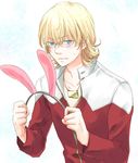  animal_ears aqua_eyes barnaby_brooks_jr blonde_hair blue_eyes blush bunny_ears fake_animal_ears glasses jacket jewelry male_focus necklace ran_(rantksn) red_jacket solo tiger_&amp;_bunny 