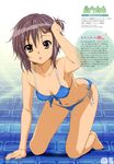  absurdres barefoot bikini breasts bunching_hair front-tie_top hair_tucking hand_in_hair highres kneeling medium_breasts nagato_yuki official_art purple_hair satou_tatsuya short_hair side-tie_bikini solo suzumiya_haruhi_no_yuuutsu swimsuit wet yellow_eyes 