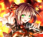  amami_haruka brown_hair fingernails fire foreshortening green_eyes hair_ribbon idolmaster idolmaster_(classic) matsuno_canel microphone necktie open_mouth outstretched_hand pinky_out ribbon solo sweat 