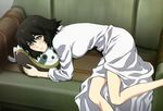  absurdres blush closed_labcoat couch doll doll_hug green_eyes highres kawada_tsuyoshi labcoat lying nyantype official_art on_side scan shiina_mayuri short_hair sleeves_rolled_up smile solo steins;gate stuffed_animal stuffed_toy 
