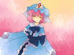  ^_^ arm_garter bad_id bad_pixiv_id blush closed_eyes closed_mouth frills gradient gradient_background hammer_(sunset_beach) hat japanese_clothes kimono long_sleeves mob_cap pink_background pink_eyes pink_hair saigyouji_yuyuko simple_background solo tareme touhou triangular_headpiece upper_body veil white_background 