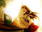  anime boy brown cute forest girl hair kawaii kiss romantic school sex uniform 